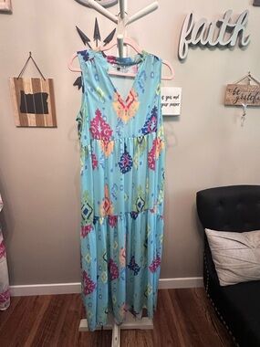 Sleeveless Light Blue Ikat-Print Maxi Dress